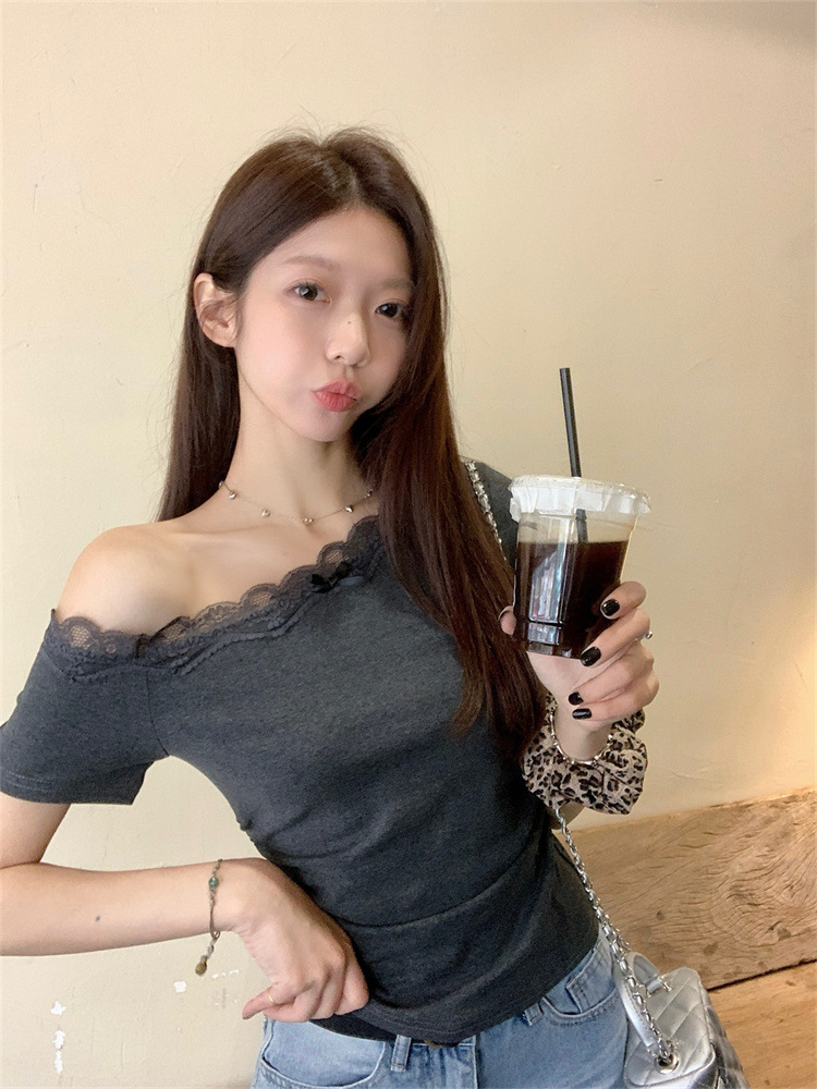 Ins Pure Desire Sexy One-Line Collar Short-Sleeved Lace Off-Shoulder Short-Sleeved T-Shirt Summer Waist Slimming Look Bottoming Short-Sleeved Top for Women