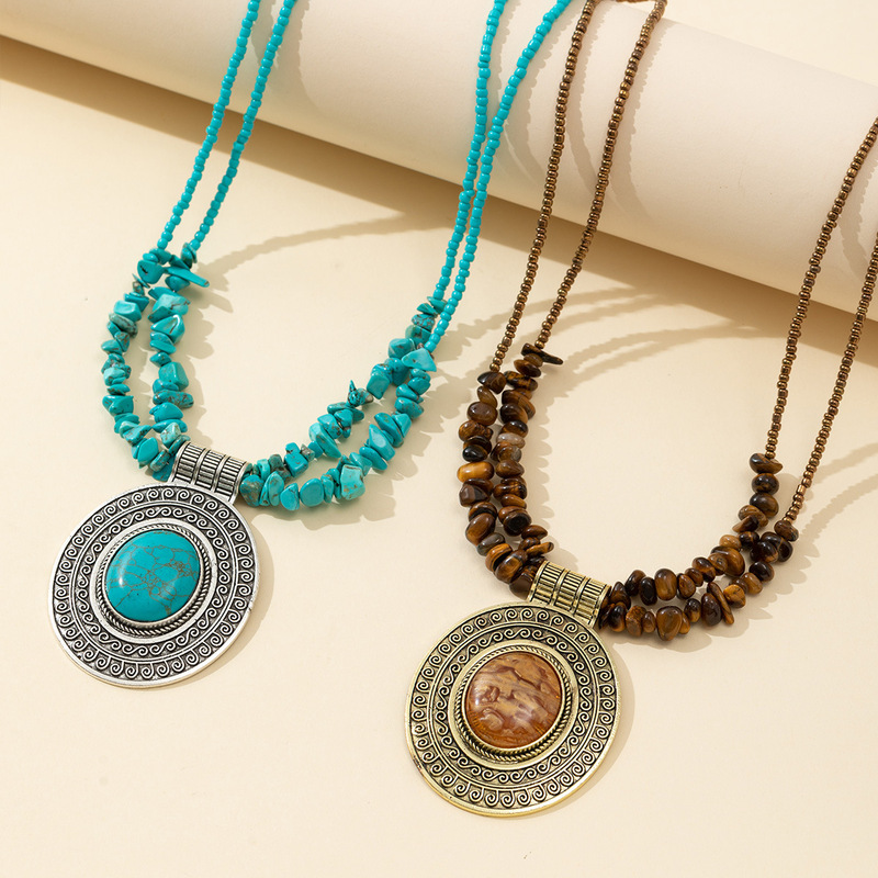 Cross-Border Popular Classic Retro Jewelry Turquoise Gravel Necklace European and American Retro Necklace 2 Colors Available Wholesale