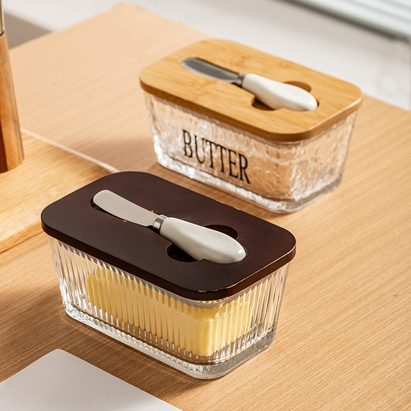 Transfronterizo Amazon nueva cubierta de vidrio queso mantequilla queso pastel caja de postre plato de mantequilla nórdica con cuchillo