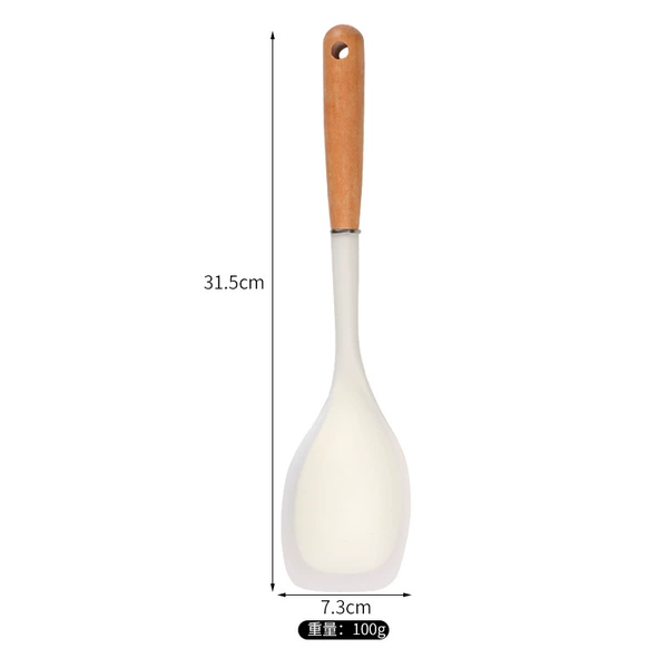 Semi-transparent white silicone multi-purpose frying spatula with wooden handle