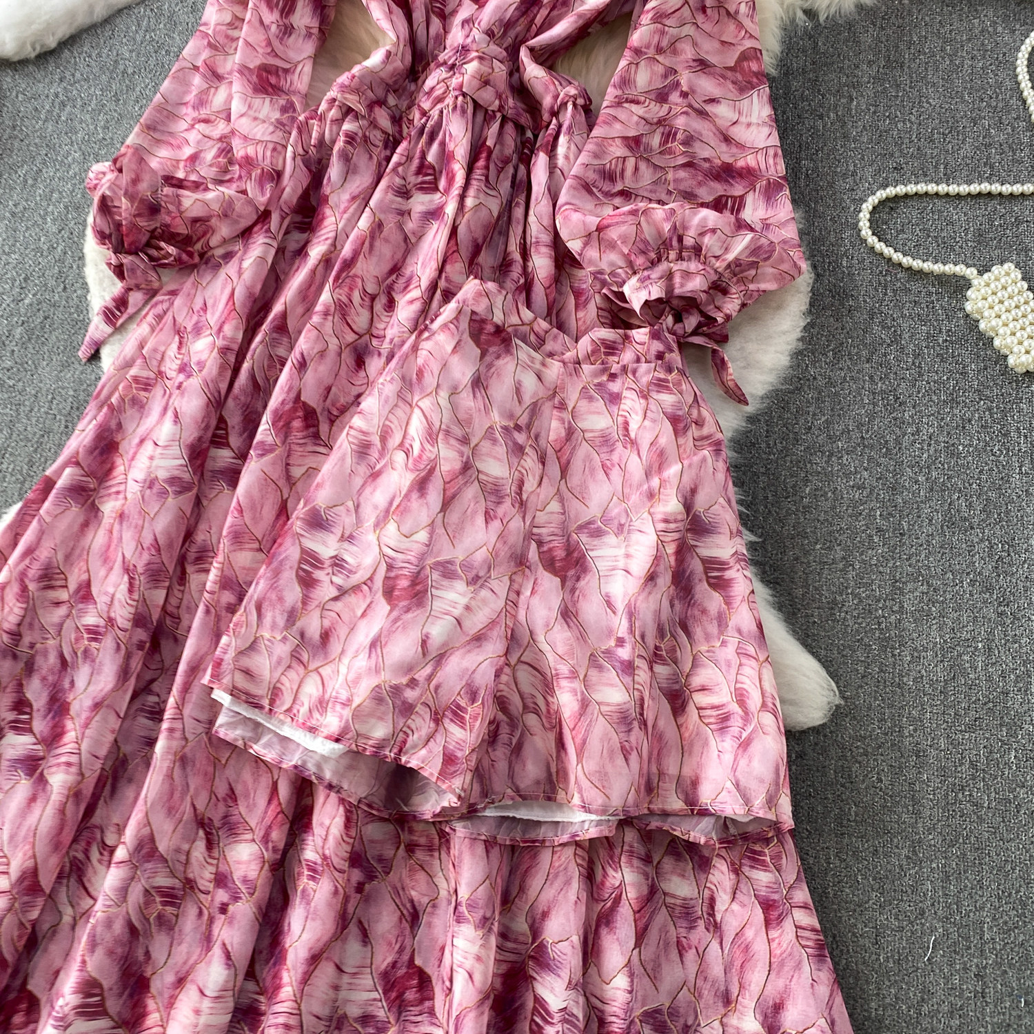 Women's French Style Chiffon Floral Print Dress Summer Korean Tie Waist Long Sleeve Slimming Maxi Dress Perfect With Leggings_ecoleips.com