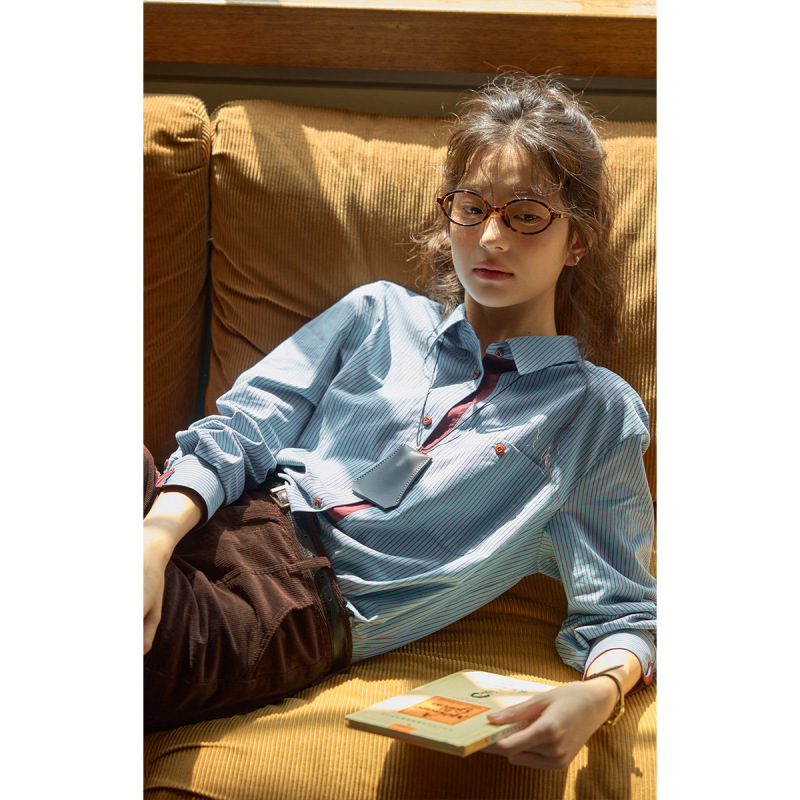 solighter 法式复古撞色竖条纹衬衫女秋季2025新款磨毛长袖上衣|undefined