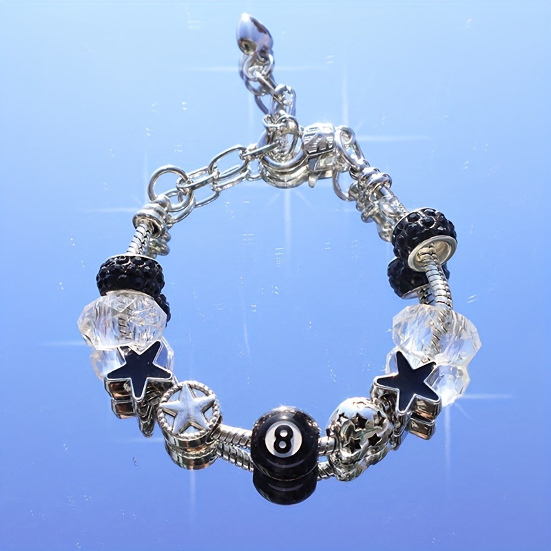 Best-Selling Fashionable Silver DIY Black No. 8 Ball Charm Street Rock Vintage Star Bracelet_voghion.com