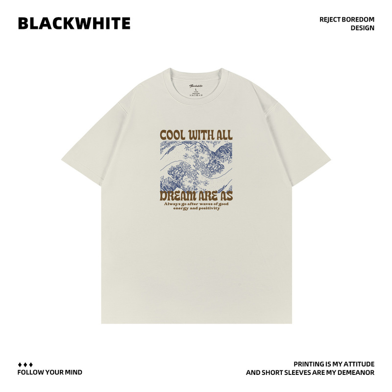 Wave Culture Printed Short-Sleeved T-Shirt for Men and Women, Off-White, Loose, Comfortable, Breathable, Trendy Brand Round-Neck Top Q213