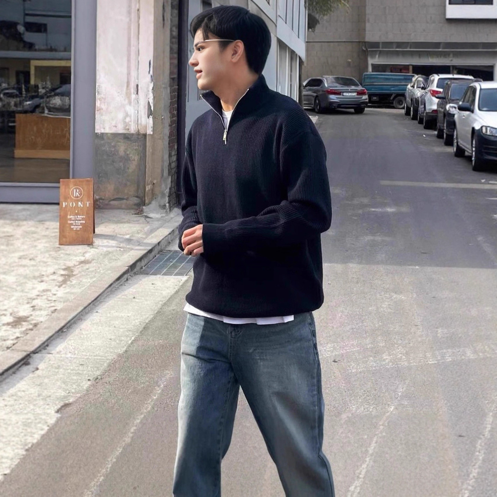 秋冬半高领拉链套头毛衣男士韩版潮流帅气百搭针织衫上衣纯色毛衫