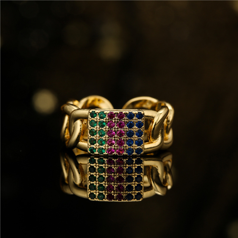 Bague Ouverte De Chaîne Cubaine De Diamant De Zirconium De Couleur Rétro De Cuivre display picture 1