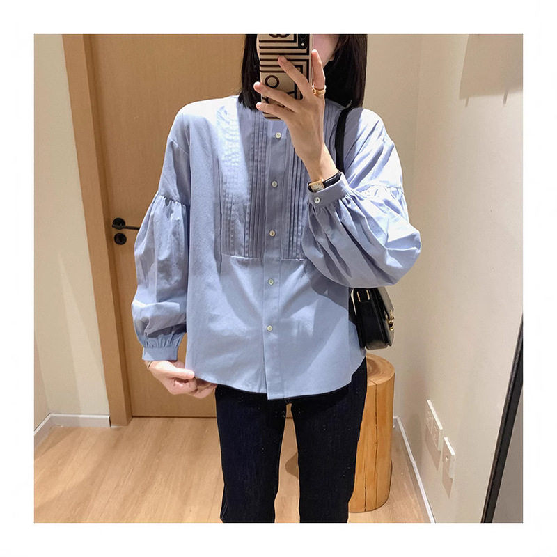 South Korea Heavy Industries Tucker Pleated High-end French Long-sleeved Shirt Women's Spring Loose Women's Lantern Sleeve Pleated Top