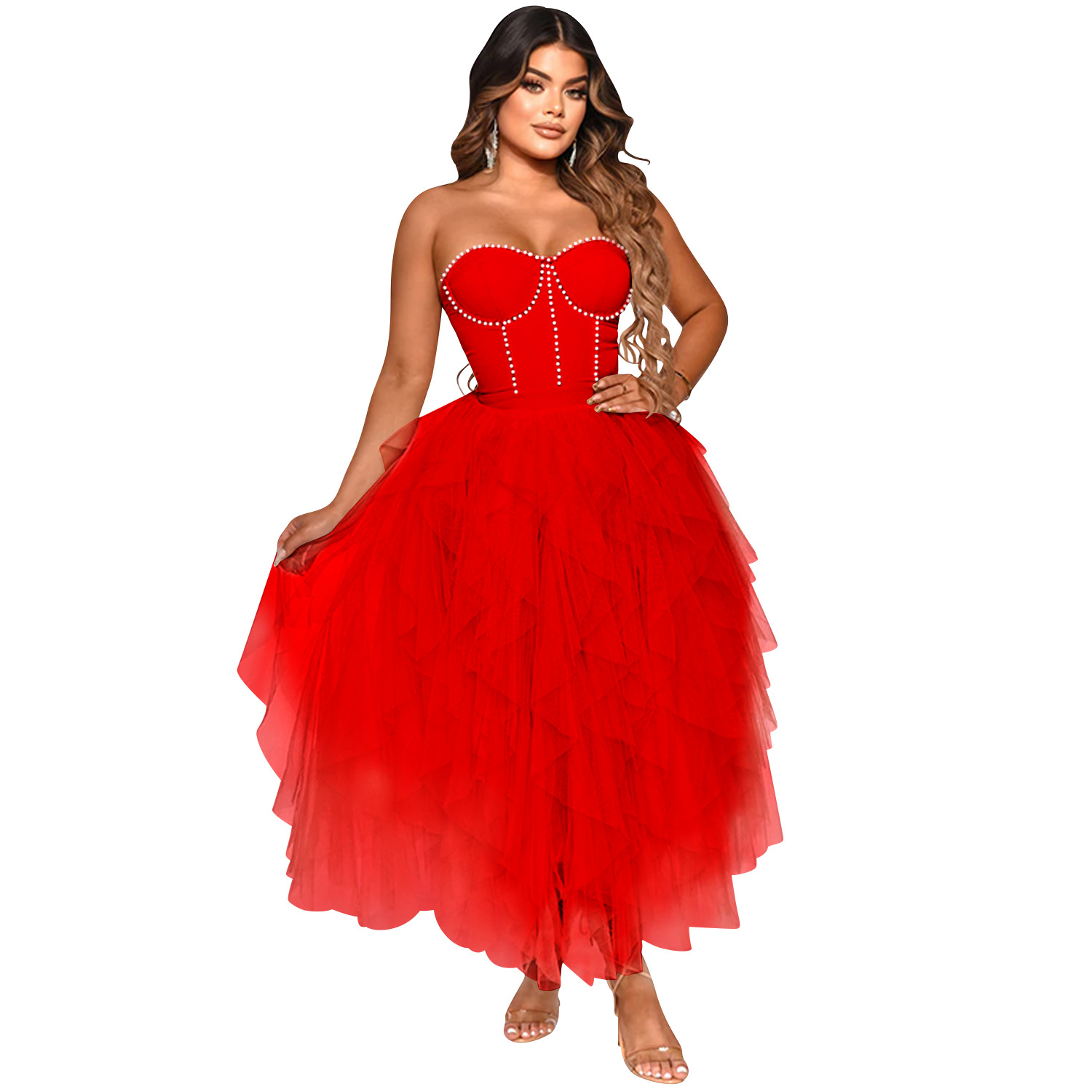 X5709 nueva llegada AliExpress Amazon moda europea y americana color sólido rhinestone caliente tubo superior mullido vestido de malla ropa las mujeres image 8