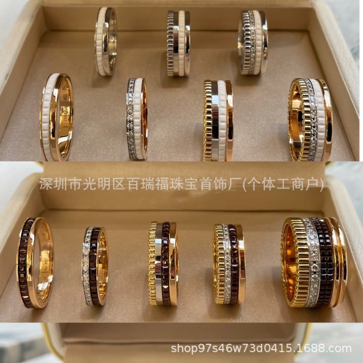 宝诗家925纯银黑白陶瓷转动戒指CNC精工高版时来运转男女同款对戒