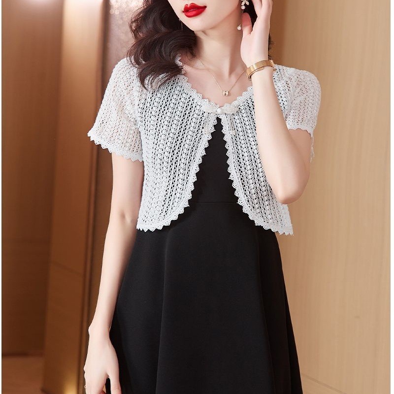 Summer New Short-sleeved Lace Small Shawl Coat Women's Thin Cheongsam Sling Skirt Outer Cardigan Sunscreen Clothes