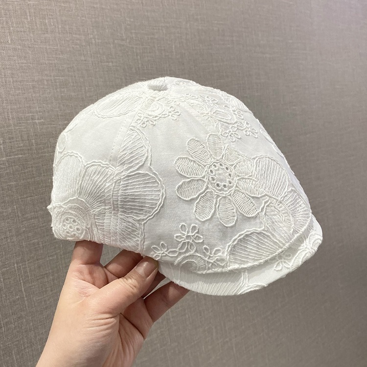 薄い刺繍入りフラワーフロントハット女性用春と夏の新しいレトロな多用途の小さなアヒルの舌ベレー帽通気性|undefined