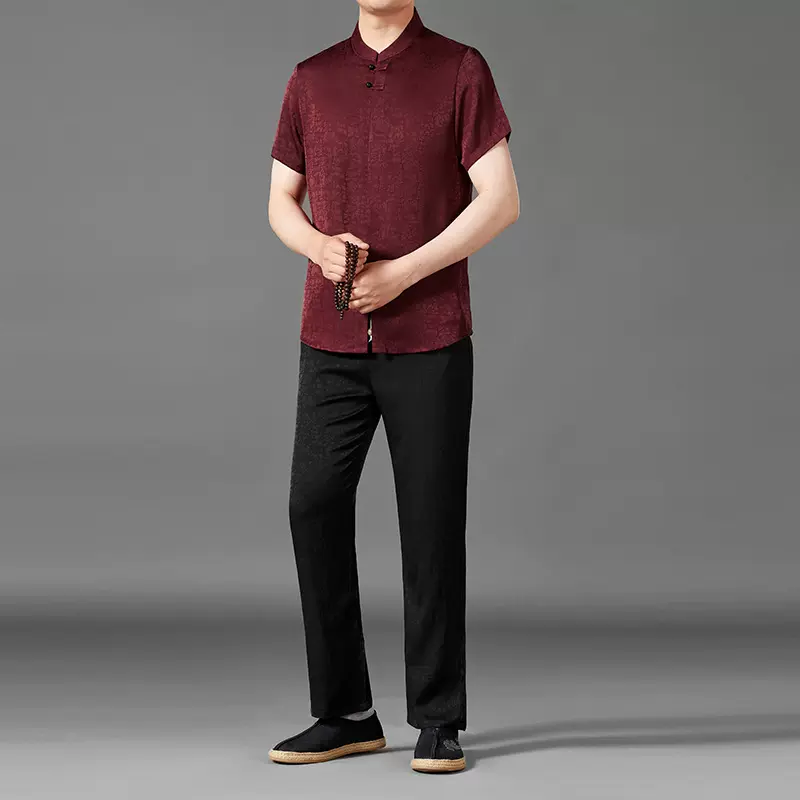 中国风唐装男中老年夏季爸爸中山装立领冰丝父亲节衣服套装