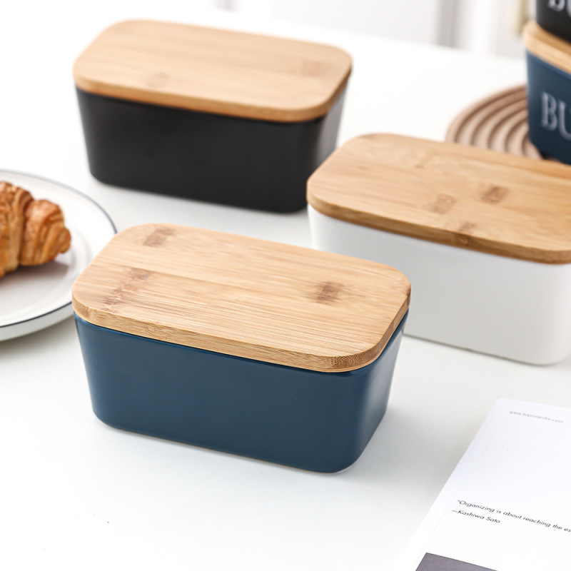 長方形の陶磁器のバターの箱の密封の缶の牛油の箱の竹の蓋はナイフの洋式の家庭用チーズの箱のクロスボーダーのアマゾンを持ちます。|undefined