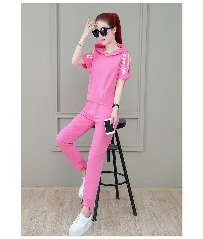 Women's Fashionable Loose Fit Sportswear Set Hooded Short Sleeve Top And Trousers Two Piece Student Outfit Summer 2026 Style_ecoleips.com