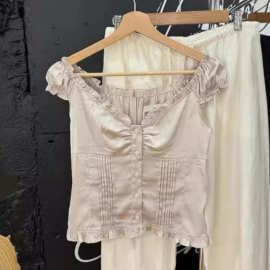 BM风香槟粉木耳边花边V领衬衫短袖上衣女单排扣褶皱T恤开衫背心夏