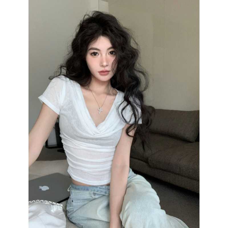 Trendy Slim-Fit Summer Sexy T-Shirt with T-Neck, Made of Tencel Linen, Short Sleeves, and Breathable Knit