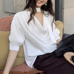 pusumede 松弛高智 优雅荡领长袖衬衫女宽松叠穿设计感飘带上衣