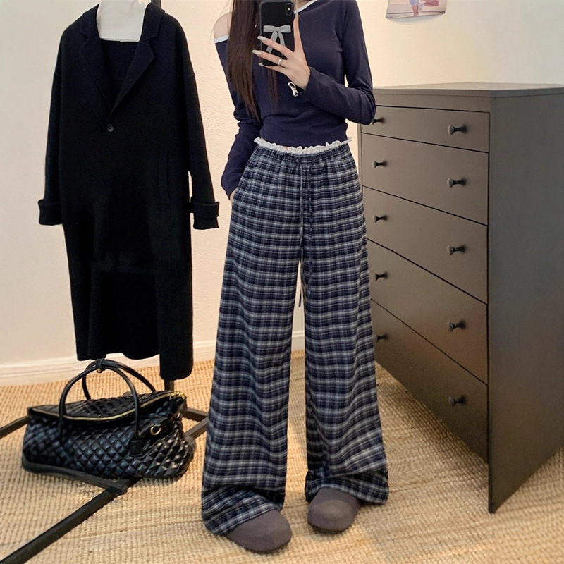 French Retro Lace Trim Plaid Casual Pants Korean Version Autumn New Fashion Design Wide-Leg Pants for Women