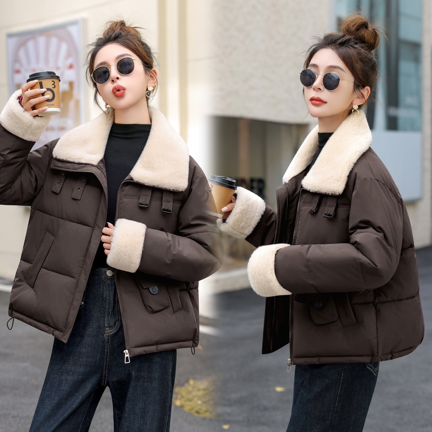 Spot 2025 invierno locomotora coreana estilo de viento casual suelto imitación de cordero calentamiento abrigo de algodón con solapa corta mujer image 5