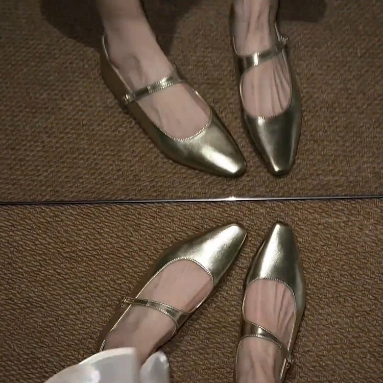 Sheepskin Version~French-Style Gold Pointed-Toe Mary Jane Shoes with a Single Strap, Shallow Mouth Women's Shoes, Flat-Soled Shoes with Hidden Height Increase for Women