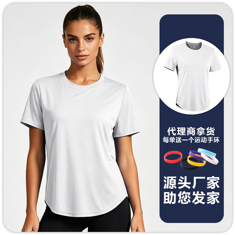 F8235 mujer color sólido protector solar transpiración sudor absorbible yoga ropa de fitness correr cuello redondo camiseta de manga corta camiseta deportiva image 9