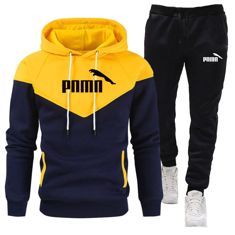 2024 cross-border new autumn and winter men's leisure stitching suit fleece-lined hooded vests vests fashionable two-piece men's