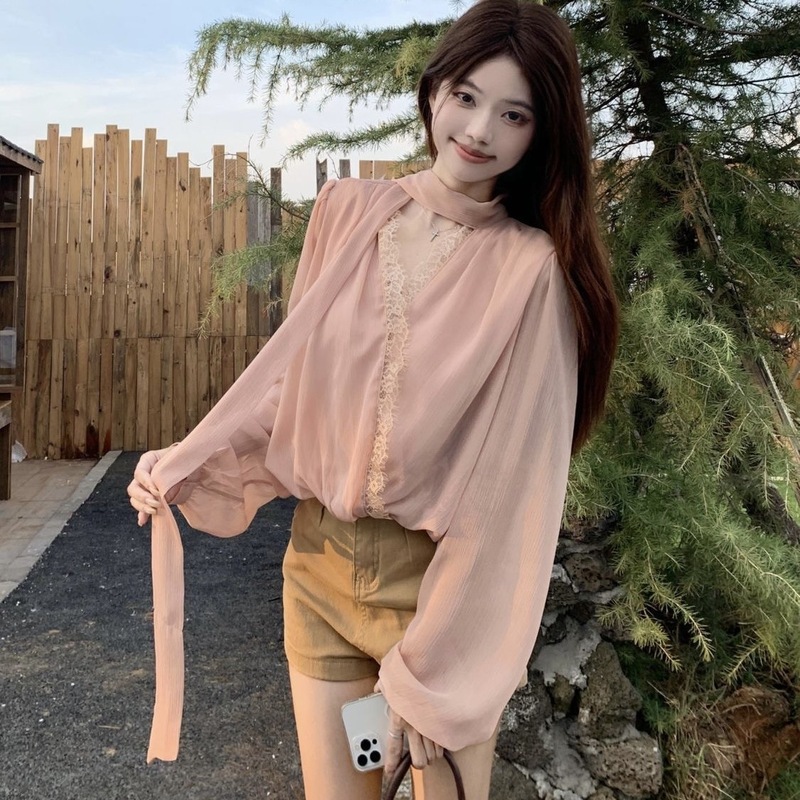 法式温柔风蕾丝V领飘带雪纺衬衫女装秋季新款气质设计感长袖上衣|undefined