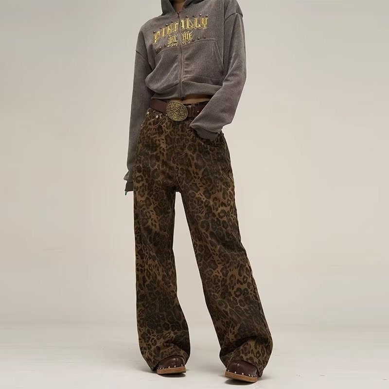 American Retro Leopard Print Jeans Women's Autumn Design Sense Niche Heavy Industry Hip Hop Pants Loose Wide Leg Pants American Retro Leopard Print Jeans Women's Autumn Design Sense Niche Heavy Industry Hip Hop Pants Loose Wide Leg Pants