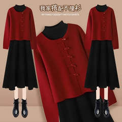 単品/怠惰な短いタイプのゆるい牛角ボタンの赤いセーターのコートの女性2023秋冬は腰のニットのワンピースを収めます。