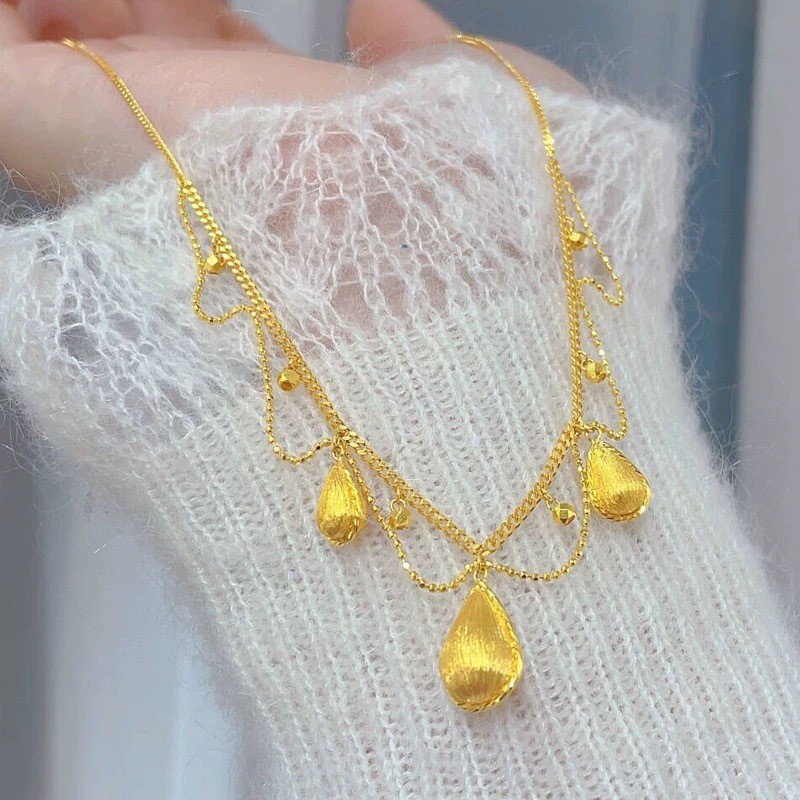 Gold Silk Lace Water Drop Necklace Women's Retro Brushed Craft Beads Silk Tassel Clavicle Chain_voghion.com