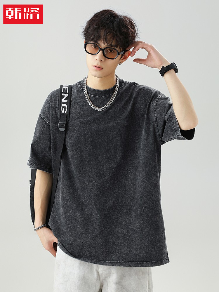 Camiseta de manga corta para hombre, estilo retro con lavado efecto nieve, 240g, nuevo estilo de verano, camiseta básica de algodón puro texturizado estilo japonés con cuello redondo q