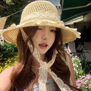Lace Lace Straw Woven Cold Hat Women's Summer Seaside Photographing Beach Sunscreen Hat Woven Straw Hat