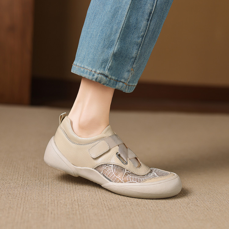Giày sneaker nữ phối màu da thật lỗ thoáng khí đế bệt buộc dây kết hợp miếng dán — màu trắng ngà chi tiết 30