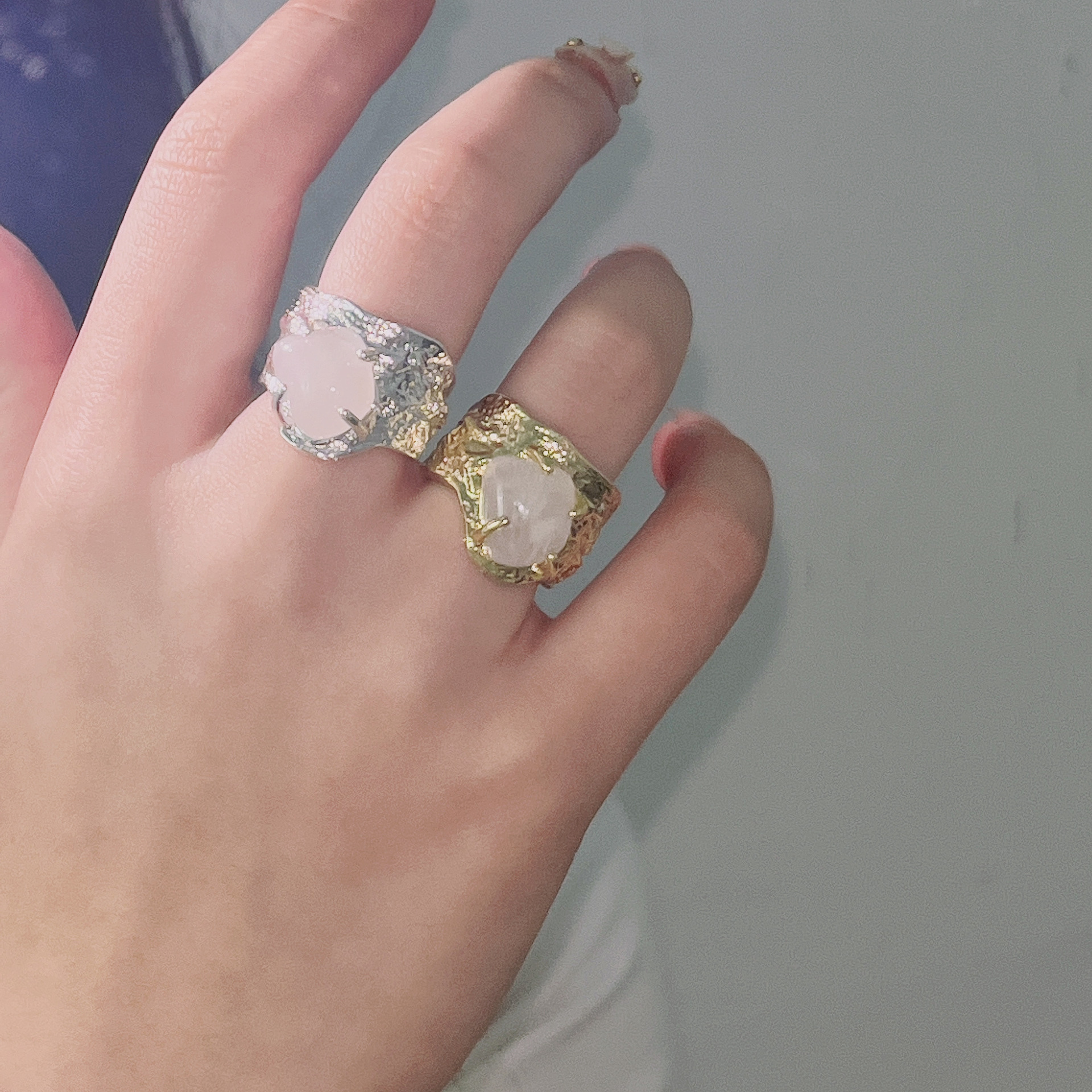 Retro Geometric Alloy Inlay Opal Rings