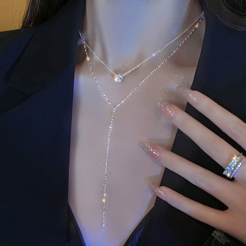 High-end long Y-shaped tassel sparkling diamond titanium steel necklace women's niche light luxury double-layer clavicle chain exquisite neck chain trend