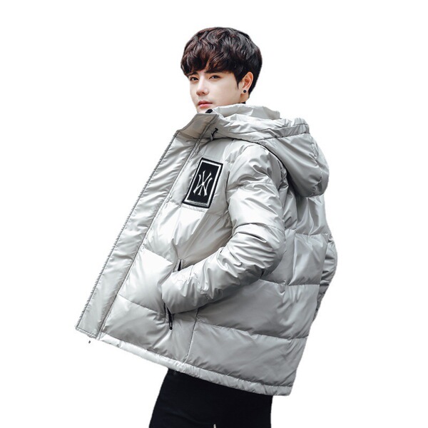 Men's glossy short warm down jacket for leisure with hood