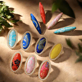 优雅新中式国风非遗仿宋锦发夹女成品椭圆型珍珠边夹鸭嘴夹刘海夹