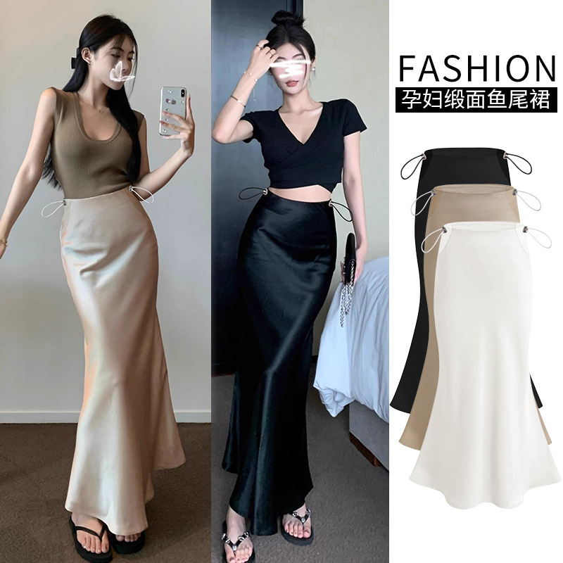 Maternity Summer Acetate Satin Strapless Belly Pig Nose Button Adjustable Skirt Spring Silky A-Line Hip-Hugging Fishtail Skirt Long Style