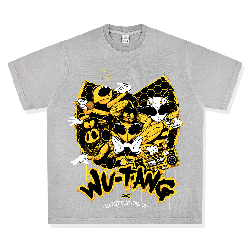 Wu-tang camiseta de manga corta retro americana con estampado lavado y desgastado suéter con capucha y cuello redondo suelto de algodón pesado