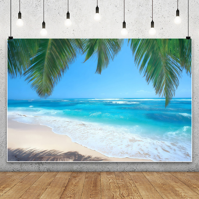 Amazon Temu New Summer Beach Blue Sea and Blue Sky Palm Party Scene Photography Backdrop Banner