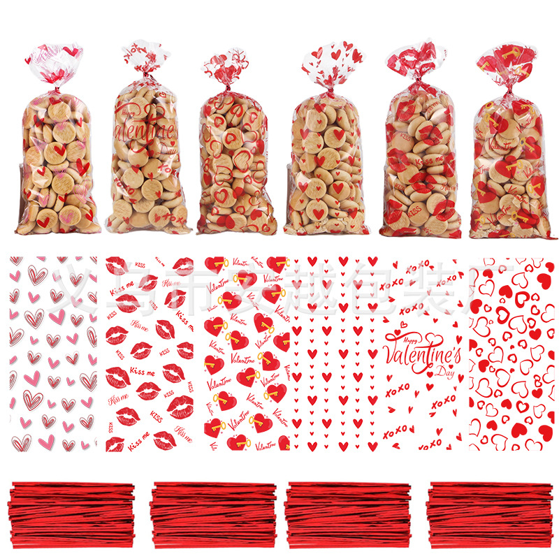 Nueva bolsa de embalaje de dulces de San Valentín múltiples imágenes de amor OPP boca plana Día de San Valentín celofán bolsa de regalo de dulces