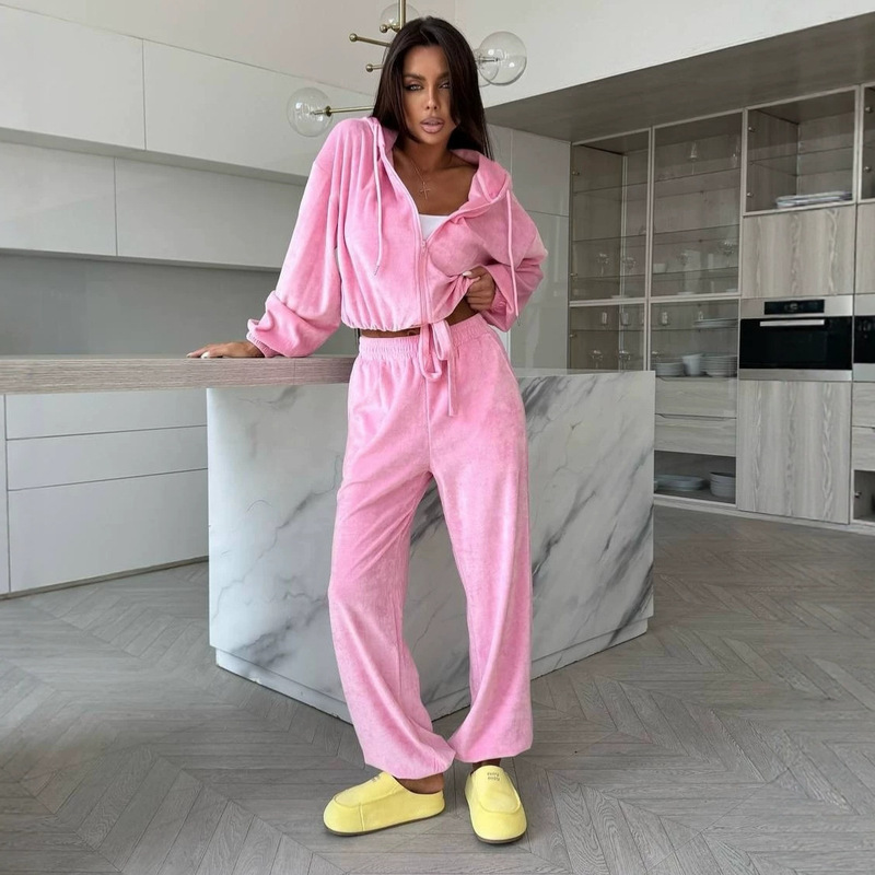 Cross-Border Casual European and American Style Hooded Velvet Set with Long Sleeves, Zip-Up, Tie-Waist Cardigan, and Elastic Pants Two-Piece Set