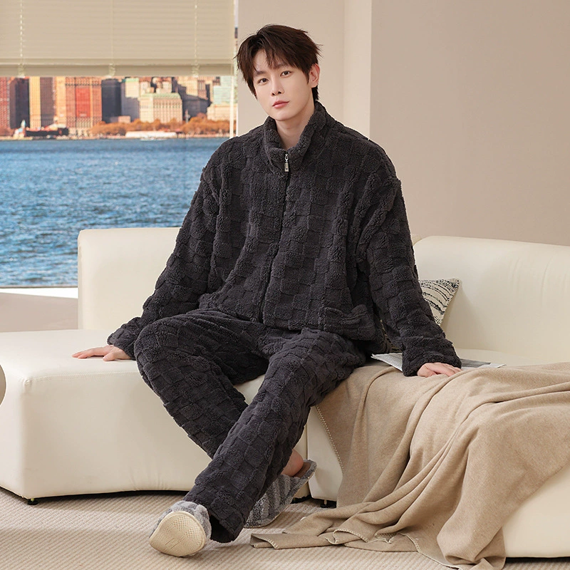 Men's Japanese demi-season pijama, flannel winter coral velvet set, simple cut, plus size