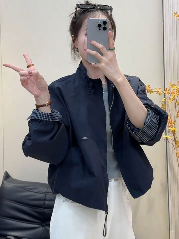 韩系立领格子拼接外套女2025秋装新款设计感小个子休闲夹克上衣潮|undefined