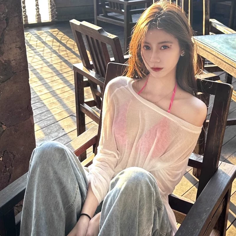 Тонкая пляжная футболка в ленивом стиле для женщин летом, блузка с наклонными плечами и защитой от солнца, высококачественная слегка прозрачная рубашка с кондиционером, топ