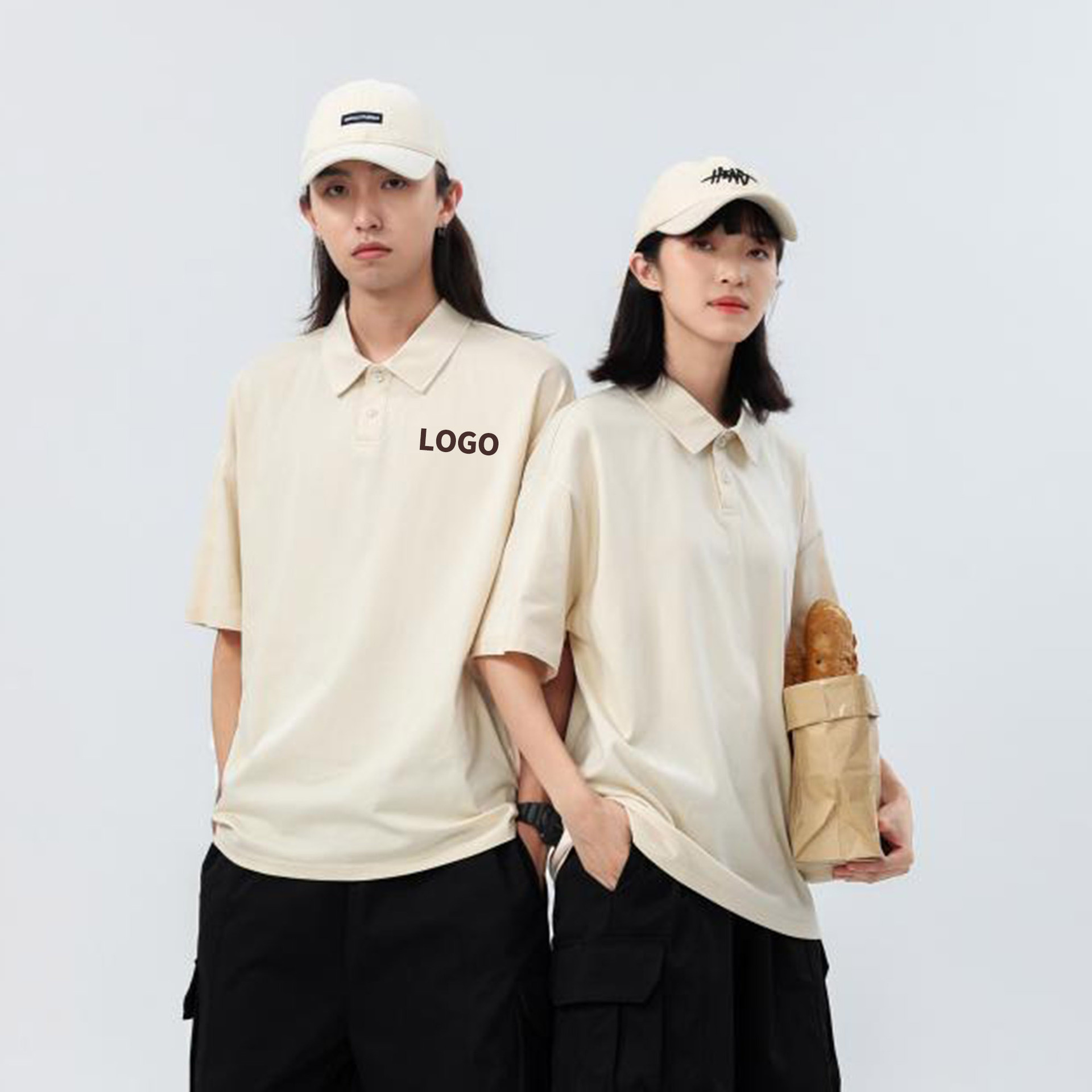 Personalizada 240g primavera y verano marca de moda japonesa ropa de trabajo de algodón polo camiseta de manga corta camiseta de solapa suelta para hombres y mujeres