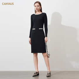 CANVAUS秋冬新款女装纯色圆领长袖修身显瘦中长款直筒拼接连衣裙