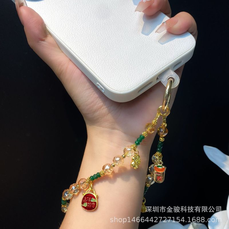 新年串珠手机链国风喜庆合金元宝福袋挂链水晶珠子手机挂绳女批发|undefined