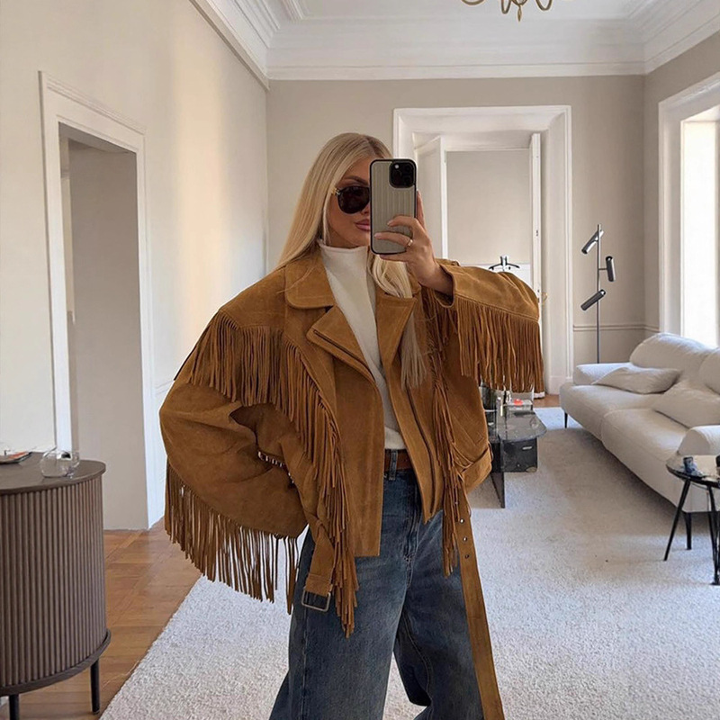 Fashion Retro Style Lapel Tassel Wide Shoulder Suede Jacket for Women 2025 Cross-Border European and American Style Autumn and Winter New Style