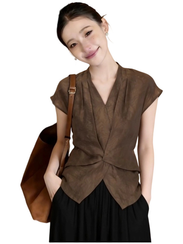 Áo sơ mi nữ tay ngắn cổ V kiểu Pháp thắt eo xoắn — màu đen
